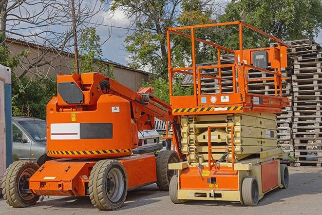 warehouse forklift in operation with stacked inventory in Norwalk